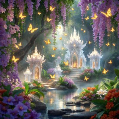 The primary subject of the image is a beautiful garden scene with a waterfall and a temple-like structure. The setting is a lush, colorful garden with a variety of flowers and butterflies. The visual style is a digital art illustration, creating a vibrant and magical atmosphere. The colors and mood are predominantly warm and inviting, with the waterfall adding a sense of tranquility to the scene.